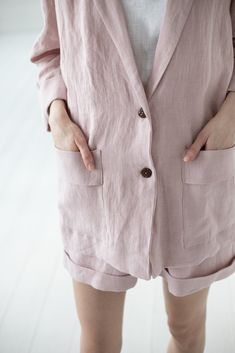 "DETAILS * Loose linen jacket with two deep pockets at the front * With two natural coconut buttons * Comfort for your special occasions or leisure time * Made from soft wash medium weight (185 gsm) 100 % European linen fabric * Height of the model is 177 cm (5' 8\") and she is wearing jacket in size XS/S and mellow rose color * The full length of linen jacket is +/- 74 cm/ 29.1\", the length of the sleeve is +/- 45 cm/ 17.7\" * Please choose desired color and size on the right * Product number: Summer Outerwear With Pockets And Notch Lapel, Lapel Collar Linen Outerwear With Buttoned Pockets, Linen Outerwear With Buttoned Pockets And Lapel Collar, Summer Linen Outerwear With Button Cuffs, Summer Blazer With Pockets And Lapel Collar, Casual Summer Blazer With Button Cuffs, Summer Blazer With Pockets In Relaxed Fit, Summer Relaxed Fit Blazer With Pockets, Summer Linen Outerwear With Pockets