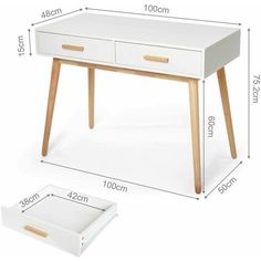 a white desk with wooden legs and drawers next to it is measurements for the drawer