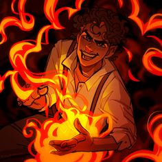 a man with curly hair holding a fireball