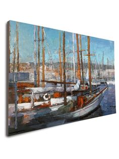 an oil painting of boats docked in the harbor