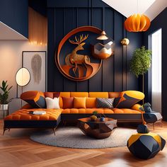 a living room with an orange couch and two lamps hanging from the ceiling above it