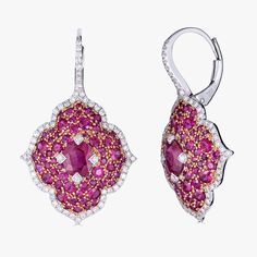 1.21 carats Oval Ruby 2.74 carats Round Ruby 0.63 carats Round White Diamonds Earring set in 18K White and Rose Gold Earring Measures: 32mm X 18mm Rose Gold Earring, White Diamond Earrings, Ruby Birthstone, Gold Rings Fashion, White Gold Set, Animal Coloring, Rings Fashion, Classic Earrings, Hrithik Roshan