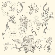 an ink drawing of some little angels and stars