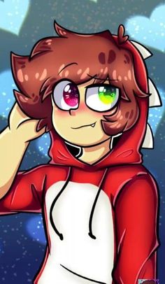 a drawing of a person wearing a red and white hoodie with eyes wide open