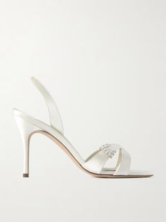 Cream Ramisli 90 crystal-embellished satin slingback sandals | MANOLO BLAHNIK | NET-A-PORTER Orlebar Brown, Flat Dress Shoes, Gucci Eyewear, Dress Flats, Raffia Bag, Slingback Sandals, Slingback Sandal, Pump Sandals, Ski Wear