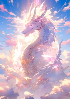 a white dragon sitting on top of a cloud filled sky