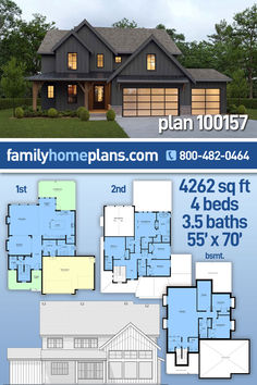 two story house plan with 4 beds and 3 baths