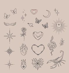 a collection of tattoo designs on a beige background with stars, hearts and other symbols