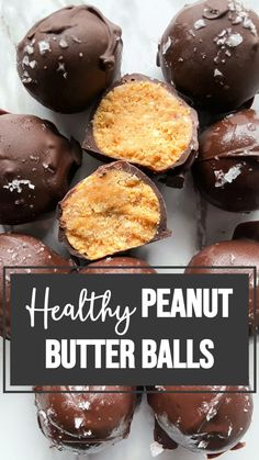 chocolate covered peanut butter balls with text overlay that reads healthy peanut butter ball bites