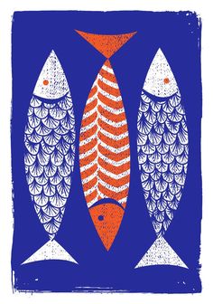 three fish on a blue background with orange and white stripes in the shape of an arrow