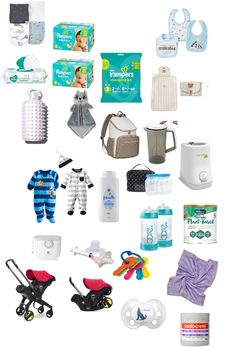 various baby items are arranged on a white background, including diapers, bottles and toys