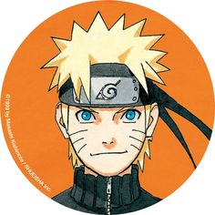 a drawing of naruto with blue eyes and a hat on his head is shown in an orange circle