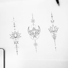 four different tattoos with lotuses and crescents on them