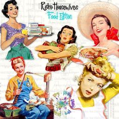 an advertisement for retro food items featuring women in hats and aprons, holding trays of food