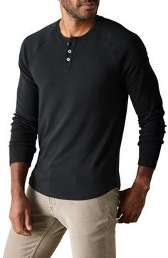 A comfy cotton-blend knit with contrasting top-stitching adds to the appeal of this timeless henley. 58% cotton, 39% polyester, 3% spandex Machine wash, tumble dry Imported Casual Solid Henley With Buttons, Casual Black Henley For Fall, Casual Black Crew Neck Henley, Casual Black Henley With Crew Neck, Black Henley Neckline Top With Buttons, Contrast Top, Nordstrom Store, Black Fits, Top Stitching