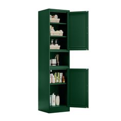 a green cabinet with shelves and containers on the bottom, in front of a white background