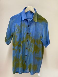 Dress Shirts ,Button DownTailored Shirt in a Silk and linen blend material, with unique abstract hand dyed and painted patterns.    Large Blue Linen Button-up Short Sleeve Shirt, Luxury Garment-dyed Men's Shirt, Luxury Washed Blue Button-up Shirt, Mens Oxfords, Painting Patterns, Linen Blend, Hand Dyeing, Tee Shirts, Silk