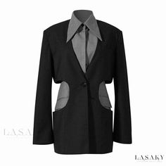 Lasaky - Exquisite Point Collar Single Breasted Blazer with Side Cut Out and Contrast Layered Panels High Tech Fashion, Waist Blazer, Herringbone Blazer, Single Breasted Blazer, Leisure Suit, Big Collar, Patchwork Top, Grey Panels, Side Cuts