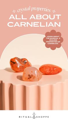 the cover of crystal properties all about carnelian, with two orange rocks on top