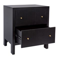 a black nightstand with two drawers on one side and an open drawer on the other