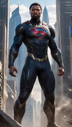 a man in a superman suit standing on top of a rock