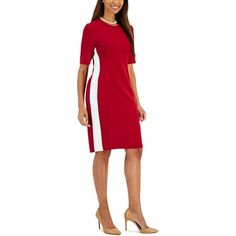 Manufacturer: Kasper Style Type: Sheath Dress Collection: Kasper Sleeve Length: Short Sleeves Material: 97% Polyester/3 Elastane Fabric Type: Crepe Specialty: Colorblock Sku: BH5593711 Size: XS.  Color: Red.  Gender: female.  Age Group: adult. Fitted Color Block Red Dress, Red Fitted Color Block Dress, Fitted Red Color Block Dress, Color Block Workwear Dress, Color Block Dress For Work, Chic Shift Dresses, Striped Shift Dress, Crewneck Design, Sporty Chic