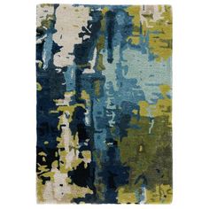 an abstract rug with blue, green and yellow colors on the bottom half of it