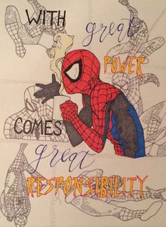 a drawing of a spiderman with words on it that say, great power comes from reponsibity