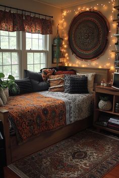 a bed room with a neatly made bed next to a window and a rug on the floor