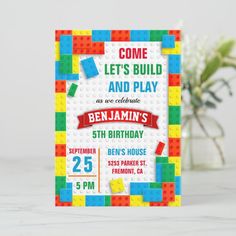 a birthday card with lego blocks on it and the words, come let's build and play as we celebrate