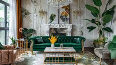 a living room filled with green couches and lots of greenery on the walls