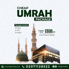 an advertisement for the umrah package, which is being advertised in english and arabic