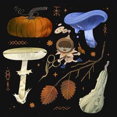 an illustration of mushrooms and other items on a black background with stars, leaves, and pumpkins