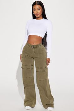 Available In Fuchsia And Olive. Wide Leg Cargo Jean Low Stretch Cargo Pockets 33" Inseam 9" Mid Rise Disclaimer: Due To The Specialized Wash Process, Each Garment Is Unique. 98% Cotton 2% Spandex Imported | Here We Go Mid Rise Cargo Jean in Olive Green size 5 by Fashion Nova Green Cargo Pants Outfit, Outfits Dressy, Dressy Casual Outfits, Cute Skirt Outfits, Fashion Nova Outfits, Cargo Pants Outfit, Green Cargo Pants, Green Cargo, Mode Jeans