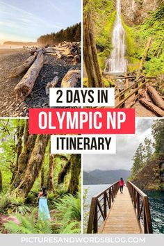 the olympic national park with trees, water and people walking on a wooden bridge that reads 2 days in olympic national park