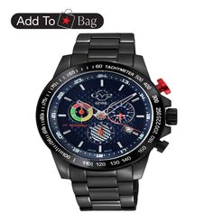 in stock Luxury Black Chronograph Watch With Stopwatch, Racing Style Black Watches With Analog Display, Black Racing Watch With Analog Display, Black Racing Style Automatic Chronograph Watch, Chrono Watches, Black Case, Affordable Luxury, Stainless Steel Band, Black Stainless Steel