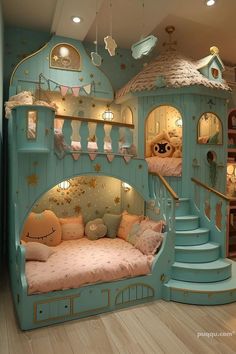 a child's bedroom with a princess castle bed in the middle and stairs leading up to it