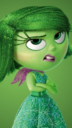 the character from inside out is dressed in green and has her hands on her hips