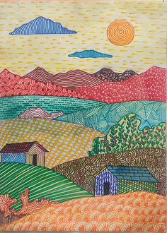 Pattern painting Grade 3 Drawing Art Lessons, Elementary Art Landscape, Landscape Pattern Design, Elementary Landscape Art Project, Art Lessons For 3rd Grade, Art Assignments High School, Principles Of Art Pattern, Line Pattern Drawing, Doodle Art Landscape