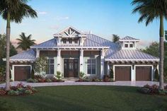 this is an artist's rendering of the front elevation of these tropical house plans