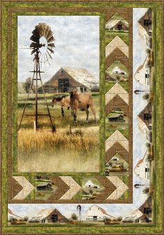 a quilt with a horse and windmill in the field next to it is an image of a farm