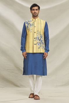 Sapphire blue straight kurta. Paired with pant. Comes along with yellow floral print bundi. - Aza Fashions Kurta Set For Men, Pajama Pattern, Nehru Jackets, Straight Kurta, Flowering Vines, Kurta Set, Sapphire Blue, Floral Flower, Yellow Floral