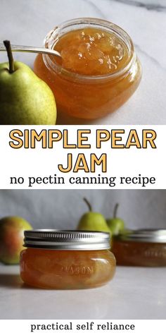 two jars filled with jam sitting on top of a table next to an apple and another jar