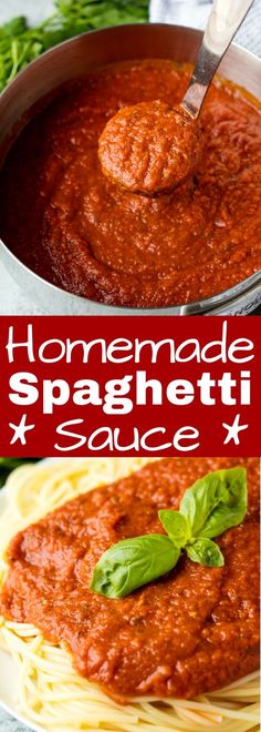 homemade spaghetti sauce in a pan with basil leaves on top and the recipe title above it