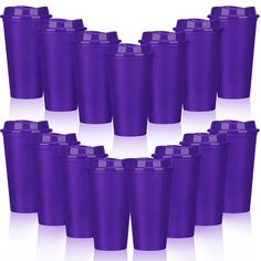 a bunch of purple cups sitting next to each other