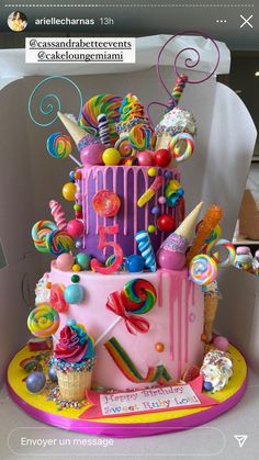 a colorful cake with lots of candies and sweets on it's top tier