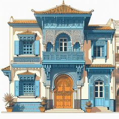 an architectural drawing of a house with blue and yellow trimmings on the windows