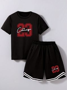 2pcs/Set Tween Boy Sportswear Basketball Jersey & Letter Print T-Shirt And Shorts Set, Summer Black Casual  Short Sleeve Polyester,Knitted Fabric Geometric,Letter  Medium Stretch  Tween Boys Clothing, size features are:Bust: ,Length: ,Sleeve Length: Shirts For Teens Boys, Shirts For Boys, Basketball Clothes, Casual Trends, Boys Set, Summer Black, Basketball Jersey, T Shirt And Shorts, Boys Clothing