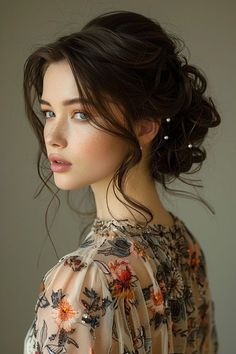 Messy Bun Party Hairstyle, Long Brown Hair Updo, Messy Bun Reference, Messy Back Bun, Messy Bun With Flowers, Messy Buns For Medium Hair, Wave Photos, Buns Hairstyles