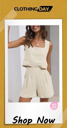 Linen Shorts Sleeveless Top Vest Set Chic Sleeveless Summer Vest, Chic Summer Tank Vest, Relaxed Fit Sleeveless Top With Pockets, Sleeveless Linen Summer Vest, Solid Color Short Top For Summer, Summer Solid Color Short Top, Short Solid Color Summer Tops, Chic Summer Beach Vest, Solid Linen Sleeveless Tank Top